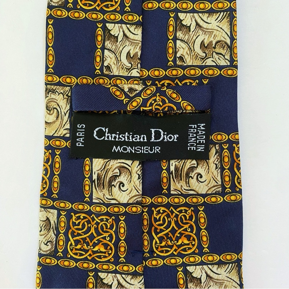 VINTAGE CHRISTIAN DIOR MONSIEUR NAVY BLUE GOLD CREAM SQUARE PRINT SILK NECK TIE - Picture 5 of 6